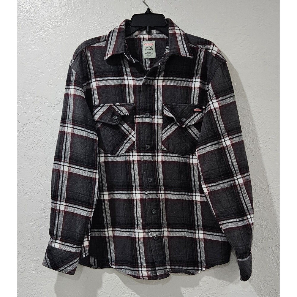 Dickies Black/Red Button Up Flannel Shirt Heavy Thick Men’s Medium 100% Cotton